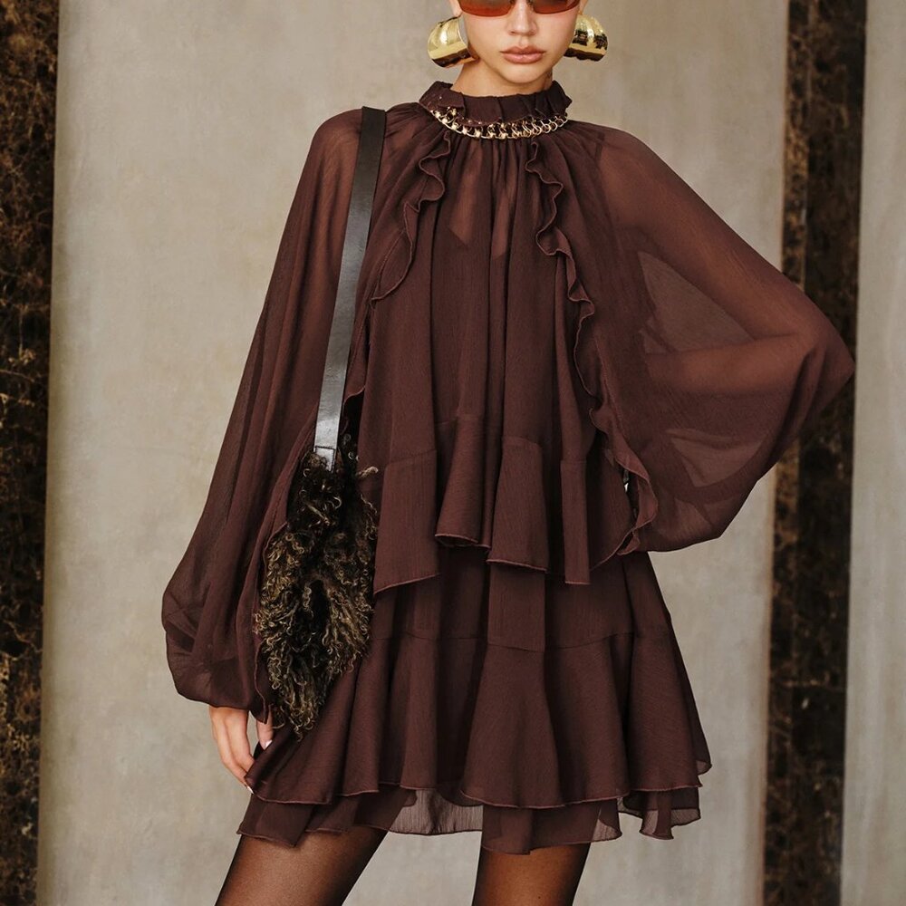 Commense - Tiered Ruffle Chiffon Mini Dress Set with Liner - Picture 2 of 3